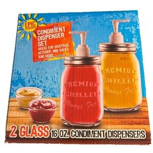 NIB - Epic Summer Products 2-16oz Jars w Lids Pump Dispenser Condiment Jars